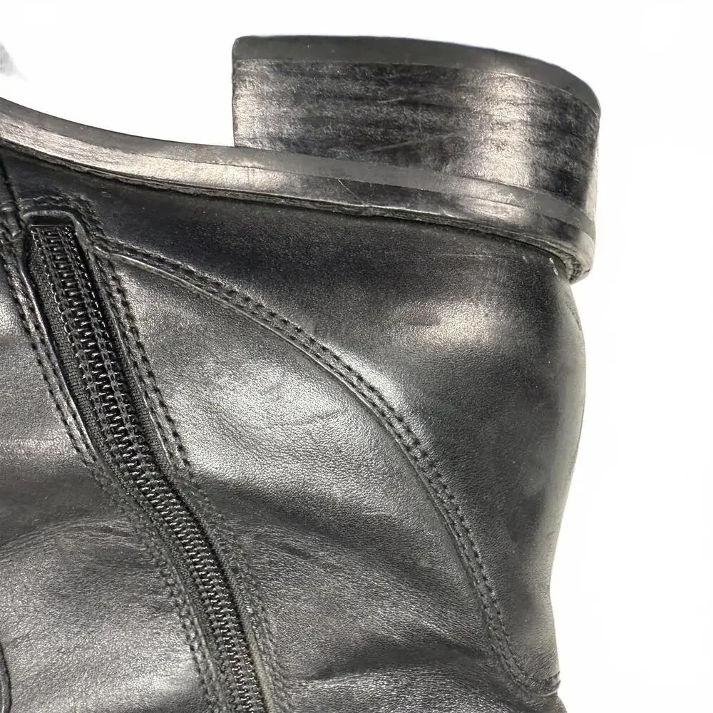 Black Women's Ecco full grain leather knee high moto buckle riding boots size 40